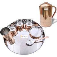 Prisha India Craft B. Dinnerware Traditional Stainless Steel Copper Dinner Set of Thali Plate, Bowls, Glass and Spoon, Dia 13  With 1 Pure Copper Pitcher Jug - Christmas Gift