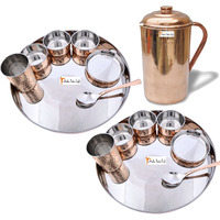 Prisha India Craft B. Set of 2 Dinnerware Traditional Stainless Steel Copper Dinner Set of Thali Plate, Bowls, Glass and Spoon, Dia 13  With 1 Pure Copper Pitcher Jug - Christmas Gift