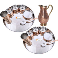 Prisha India Craft B. Set of 2 Dinnerware Traditional Stainless Steel Copper Dinner Set of Thali Plate, Bowls, Glass and Spoon, Dia 13  With 1 Pure Copper Mughal Pitcher Jug - Christmas Gift