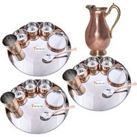 Prisha India Craft B. Set of 3 Dinnerware Traditional Stainless Steel Copper Dinner Set of Thali Plate, Bowls, Glass and Spoon, Dia 13  With 1 Pure Copper Mughal Pitcher Jug - Christmas Gift