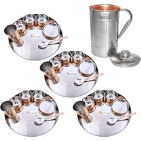 Prisha India Craft B. Set of 4 Dinnerware Traditional Stainless Steel Copper Dinner Set of Thali Plate, Bowls, Glass and Spoon, Dia 13  With 1 Luxury Style Pitcher Jug - Christmas Gift
