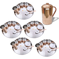 Prisha India Craft B. Set of 5 Dinnerware Traditional Stainless Steel Copper Dinner Set of Thali Plate, Bowls, Glass and Spoon, Dia 13  With 1 Pure Copper Pitcher Jug - Christmas Gift