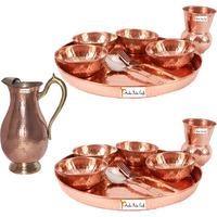 Prisha India Craft B. Set of 2 Dinnerware Traditional 100% Pure Copper Dinner Set of Thali Plate, Bowls, Glass and Spoon, Dia 12  With 1 Pure Copper Mughal Pitcher Jug - Christmas Gift