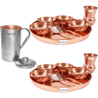 Prisha India Craft B. Set of 2 Dinnerware Traditional 100% Pure Copper Dinner Set of Thali Plate, Bowls, Glass and Spoon, Dia 12  With 1 Luxury Style Pitcher Jug - Christmas Gift