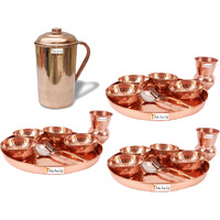 Prisha India Craft B. Set of 3 Dinnerware Traditional 100% Pure Copper Dinner Set of Thali Plate, Bowls, Glass and Spoon, Dia 12  With 1 Pure Copper Pitcher Jug - Christmas Gift