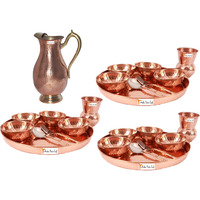 Prisha India Craft B. Set of 3 Dinnerware Traditional 100% Pure Copper Dinner Set of Thali Plate, Bowls, Glass and Spoon, Dia 12  With 1 Pure Copper Mughal Pitcher Jug - Christmas Gift