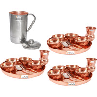 Prisha India Craft B. Set of 3 Dinnerware Traditional 100% Pure Copper Dinner Set of Thali Plate, Bowls, Glass and Spoon, Dia 12  With 1 Luxury Style Pitcher Jug - Christmas Gift