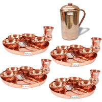 Prisha India Craft B. Set of 4 Dinnerware Traditional 100% Pure Copper Dinner Set of Thali Plate, Bowls, Glass and Spoon, Dia 12  With 1 Pure Copper Pitcher Jug - Christmas Gift