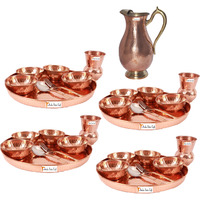 Prisha India Craft B. Set of 4 Dinnerware Traditional 100% Pure Copper Dinner Set of Thali Plate, Bowls, Glass and Spoon, Dia 12  With 1 Pure Copper Mughal Pitcher Jug - Christmas Gift