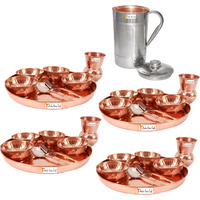 Prisha India Craft B. Set of 4 Dinnerware Traditional 100% Pure Copper Dinner Set of Thali Plate, Bowls, Glass and Spoon, Dia 12  With 1 Luxury Style Pitcher Jug - Christmas Gift