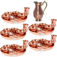 Prisha India Craft B. Set of 5 Dinnerware Traditional 100% Pure Copper Dinner Set of Thali Plate, Bowls, Glass and Spoon, Dia 12  With 1 Pure Copper Mughal Pitcher Jug - Christmas Gift