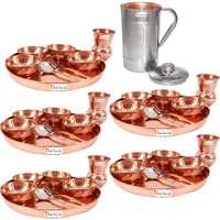 Prisha India Craft B. Set of 5 Dinnerware Traditional 100% Pure Copper Dinner Set of Thali Plate, Bowls, Glass and Spoon, Dia 12  With 1 Luxury Style Pitcher Jug - Christmas Gift