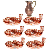 Prisha India Craft B. Set of 6 Dinnerware Traditional 100% Pure Copper Dinner Set of Thali Plate, Bowls, Glass and Spoon, Dia 12  With 1 Pure Copper Mughal Pitcher Jug - Christmas Gift