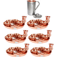 Prisha India Craft B. Set of 6 Dinnerware Traditional 100% Pure Copper Dinner Set of Thali Plate, Bowls, Glass and Spoon, Dia 12  With 1 Luxury Style Pitcher Jug - Christmas Gift