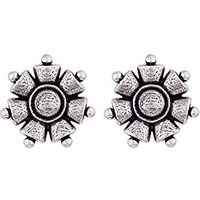 Voylla Silver Oxidised Brass Floral Motif Boho Style Stud Earrings Tops for Women and Girls