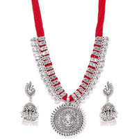 YouBella Fashion Jewellery Antique German Silver Oxidised Plated Tribal Cotton Thread Jewellery Necklace Earring Set for Women & Girls.(Valentine Gift Special). (RED)