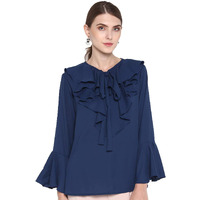 Indietoga Women's Blue Solid Ruffled Georgette Tops (Bell Sleeves Small)