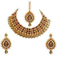 Lucky Jewellery Stunning Magenta Green Color Stone Gold Plated Necklace Set for Girls & Women (726-ISS-823-G-LCT-RG)