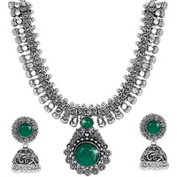 Yellow Chimes Jewellery Set for Women and Girls Traditional Silver Oxidised Jewellery Set Green Necklace Set for Women | Vintage Kolhapuri Stone Oxidized Necklace Set | Birthday Gift For Girls and Women Anniversary Gift for Wife