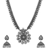 Yellow Chimes Jewellery Set for Women's and Girls Traditional Silver Oxidised Jewellery Set Silver Necklace Set for Women's | Floral Charm Long Oxidized Necklace Set | Birthday