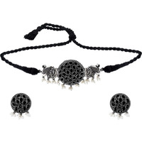 Yellow Chimes Ethnic German Silver Oxidised Studded Black Stone Peacock Design Threaded Choker Necklace Set Traditional Jewellery Set for Women and Girls