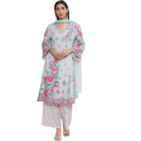 BIBA Rayon Women's Printed Straight Salwar Kurta Dupatta(Skdrose Bow8557_Steel Blue_42)