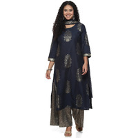 BIBA WOMEN PRINTED STRAIGHT SALWAR KURTA DUPATTA(SKDASSORTED7074E_NAVY BLUE_36)