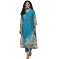 BIBA WOMEN PRINTED STRAIGHT SALWAR KURTA DUPATTA(SKDASSORTED7483E_TURQUOISE_34)