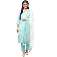 BIBA Cotton Women's Printed Narrow Salwar Kurta Dupatta(Skdsummer S7860_Aqua_34)