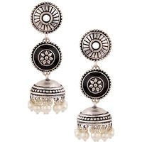 Voylla Oxidized Silver Plated Brass Rangabati Beaded Enamelled Embellished Oxidized Round shaped Dangle & Drop Jhumka Dome Earrings for Women and Girls