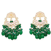 Gehena by Estele Gold Plated Elegant Kundan Studded Drop Earrings with Green Beaded Pearls for Girls and Women