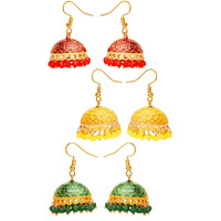 Yellow Chimes Meenakari Jumka Earrings with Ethnic Design Gold Plated Traditional Beads Combo of 3 pair for Women and Girls