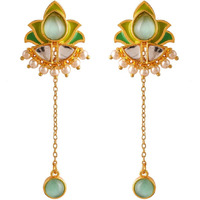 Voylla Forever More Green Stones and Pearls Enamelled Drop Earrings