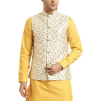 SOJANYA (Since 1958, Mens Silk Blend, Cream & Gold Embroidered Nehru Jacket, Size: 40