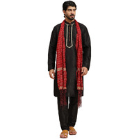 SKAVIJ Mens Art Silk Kurta Pajama and Stole Traditional Outfits for Party Black_Large