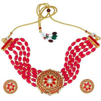 Gehena by Estele Gold Plated Fascinating Circular Designer Kundan-Studded Necklace Set with Pink Beaded Pearls for Girls and Women