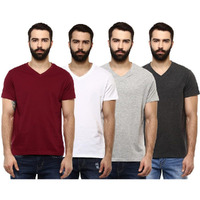 Aventura Outfitters Premium Pure Cotton V-Neck Regular Fit TShirts for Men - (Pack of 4) (AO34-S_White, Grey Melange, Rio Red & Charcoal Melange)