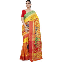 Niharika Collections Women Pure Cotton Bengali Kalash Embroidery Tant Saree (Yellow-Red)