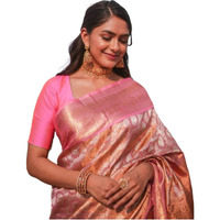 SGF11- Womens Kanjivaram Pure Zari Woven Soft Silk Saree With Blouse Piece (Orange Pink)
