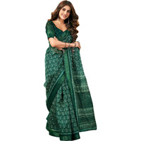 SIRIL Womens Cotton Blend Varli Printed Zari Stripe Border Saree With Unstitched Blouse Piece (3771S152_Dark Green)