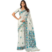 SIRIL Womens Cotton Jacquard Saree With Unstitched Blouse Piece (3417S217_White)