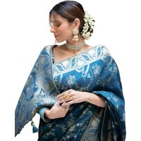 C J Enterprise Womens Banarasi Saree Pure Kanjivaram Silk Saree Soft Design Wear Pattu Sarees Latest Cotton With Blouse Piece Kanchipuram for Wedding sadi new ladies 2023(AlmariFlowrjaal) (Firozi)