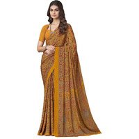 SIRIL Womens Floral Printed Silk Crepe Saree with Unstitched Blouse Piece(2858S2462_Mustard Yellow)