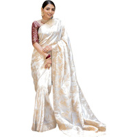 C J Enterprise Womens Banarasi Saree Pure Kanjivaram Silk Saree Soft Design Wear Pattu Sarees Latest Cotton With Blouse Piece Kanchipuram for Wedding sadi new ladies 2023(AlmariFlowrjaal) (White)