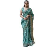 MIRCHI FASHION Womens Silk Blend Ikkat Block Printed Saree with Blouse Piece (42032-Dusty Turquoise, Off White, Brown)
