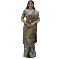 MIRCHI FASHION Womens Silk Blend Ikkat Block Printed Saree with Blouse Piece (42033-Dark Greyish Brown, Off White, Brown)