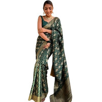 Yashika Womens Banarasi Kanjivaram Jacquard Art Silk Saree - Exquisite Ethnic Attire for Indian Festivities - Unstitched Blouse Included (AZ-YS-OG-RANGEELI GREEN)