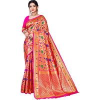 Jaanvi fashion Womens Silk With Zari Work Saree With Blouse Piece(kaashi-paithani-pink)