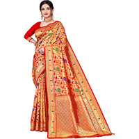 Jaanvi fashion Womens Silk With Zari Work Saree With Blouse Piece(kaashi-paithani-red)