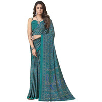 SIRIL Womens Floral Printed Silk Crepe Saree with Unstitched Blouse Piece(2858S2463_Rama Green, Blue)